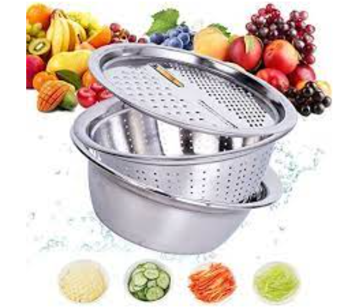 3-In-1 28cm Stainless Steel Grater and Drain Basket Washing Bowl Set- Silver-B - Zoom Image 1