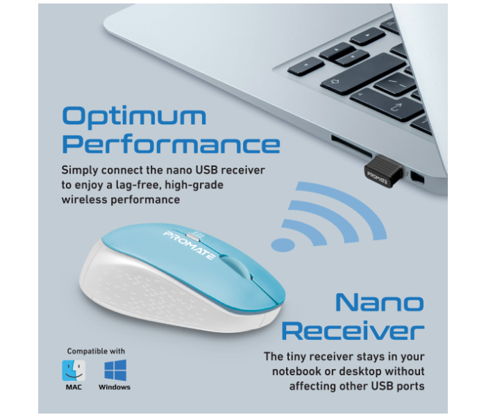 Promate Professional Precision Tracking Comfort Grip 2.4G Wireless Mouse with USB Nano Receiver - Blue - Zoom Image 5