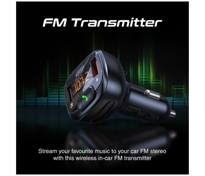 Promate Bluetooth Flash Drive Input LCD Screen and Microphone FM Transmitter - Black - Zoom Image 2