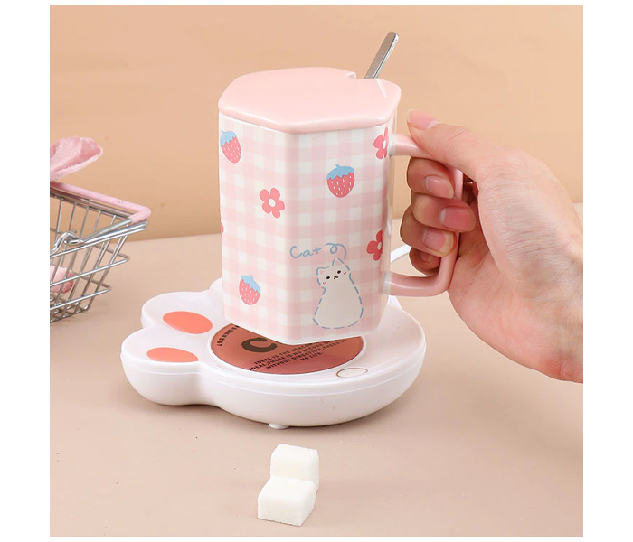 Cute 502ml Breakfast Cup Lattice Cup Lid with Spoon Pink Cat - White - Zoom Image 4