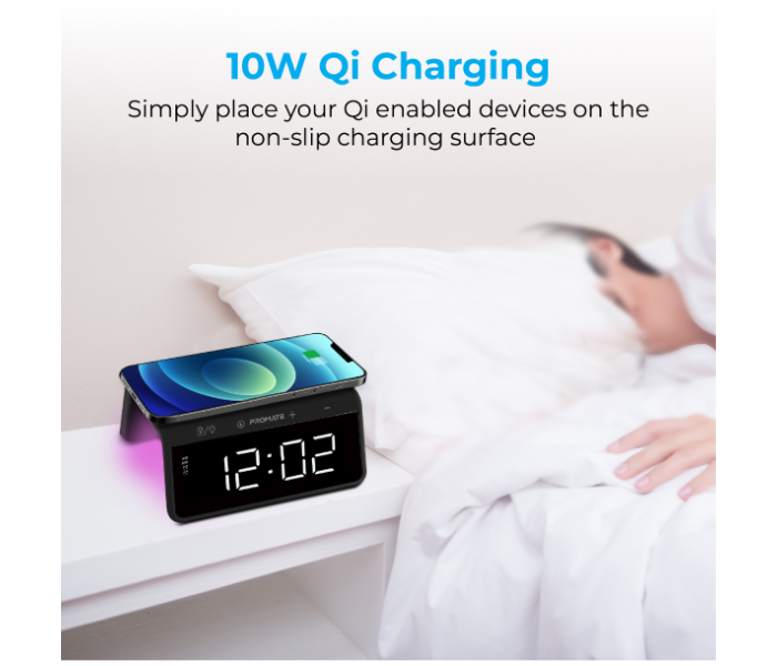 Promate Dual Alarm LED Display Clock 10Watts Digital Alarm Clock with Wireless Charging - Black - Zoom Image 4