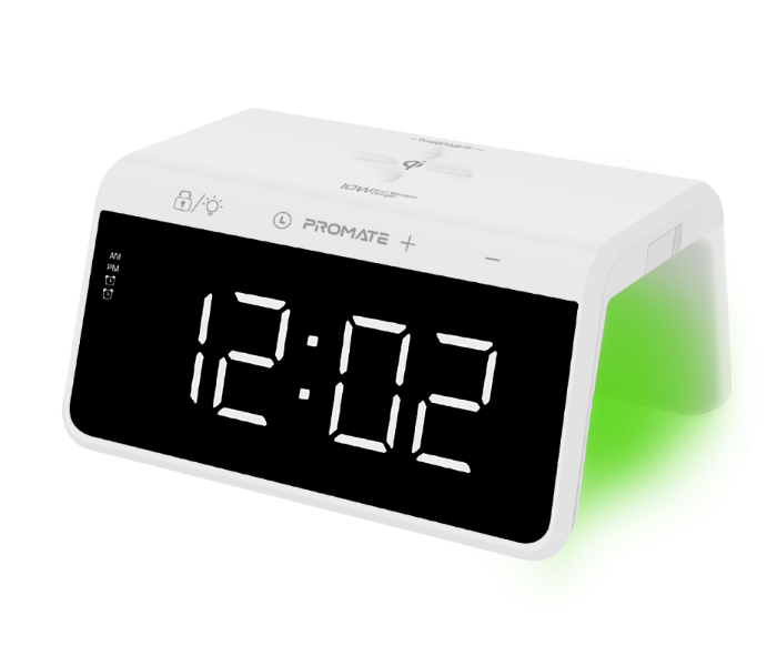 Promate Dual Alarm LED Display Clock 10Watts Digital Alarm Clock with Wireless Charging - White - Zoom Image 1