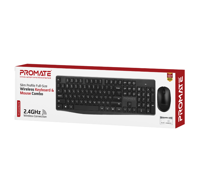 Promate Ergonomic Super-Slim Arabic English Wireless Keyboard and Mouse Combo - Black - Zoom Image 7