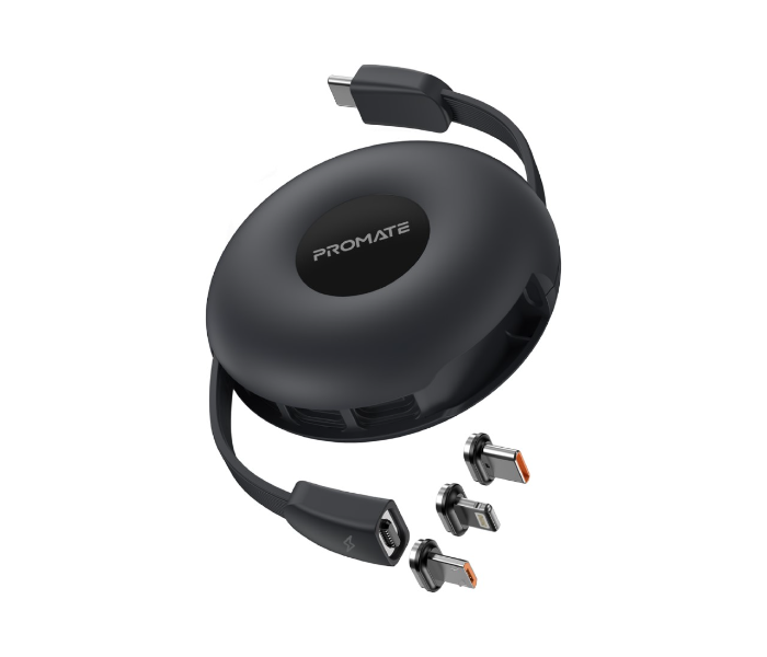 Promate 3-in-1 Retractable 60Watts USB-C Magnetic Charging Cable - Black - Zoom Image 1