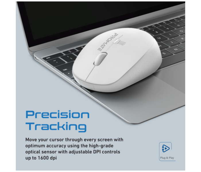 Promate Professional Precision Tracking Comfort Grip 2.4G Wireless Mouse with USB Nano Receiver - White - Zoom Image 2