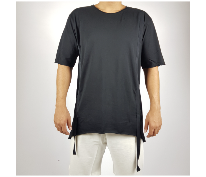 Short Sleeves Hip Hop Long XL T-Shirt With Ribbon For Men - Black - Zoom Image 2