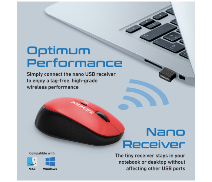 Promate Professional Precision Tracking Comfort Grip 2.4G Wireless Mouse with USB Nano Receiver - Red - Zoom Image 5