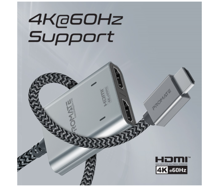 Promate 1Meter Nylon Braided Cord Dual 4K UHD HDMI Adapter - Silver - Zoom Image 3