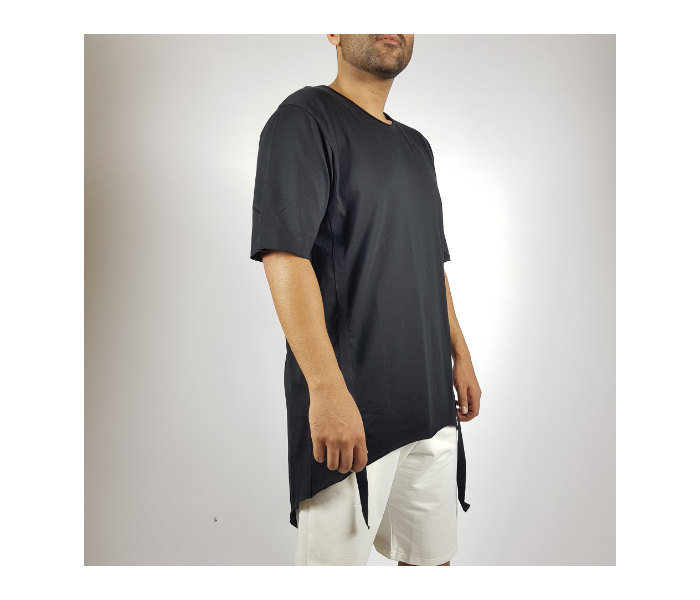 Short Sleeves Hip Hop Long Large T-Shirt With Ribbon For Men - Black - Zoom Image 1