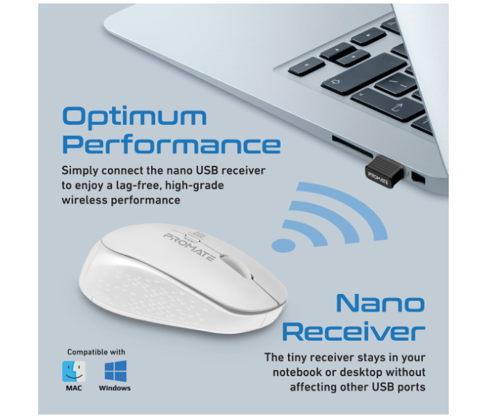 Promate Professional Precision Tracking Comfort Grip 2.4G Wireless Mouse with USB Nano Receiver - White - Zoom Image 5