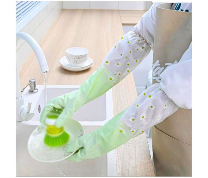 GTC 22000953 1 Pair Full Long Cuff Flock Lining Household Waterproof Dishwashing Gloves - Green - Zoom Image 1