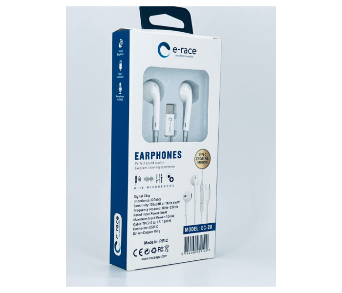 E-race EC-20 High Quality Stereo Earphone With Type-c Connector - White - Zoom Image 1