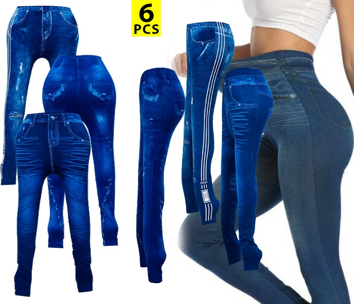 RMN 6 Pieces Free Size Hot Shaper Skin-fit Leggings For Women - Blue - Zoom Image