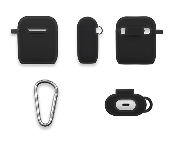 AirPods Case- Silicone Protective Shockproof Case Cover Skins with Keychain  Compatible with Apple AirPod 2 & 1, Black 