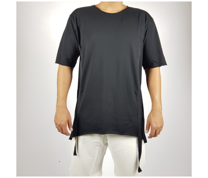 Short Sleeves Hip Hop Long Small T-Shirt With Ribbon For Men - Black - Zoom Image 2