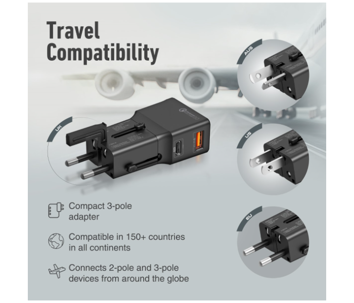 Promate 20Watts International Travel Adapter with Type-C - Black - Zoom Image 2