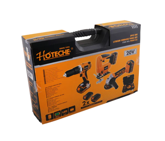 Hotechi P800132 20V Cordless Tool Set Drill Grinder and Jigsaw With 2 Battery and 1 Charger - Black and Yellow - Zoom Image 2