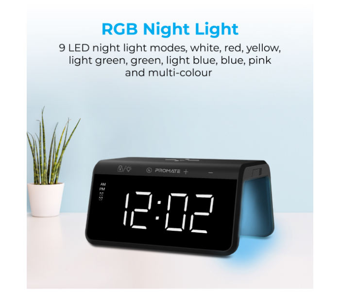 Promate Dual Alarm LED Display Clock 10Watts Digital Alarm Clock with Wireless Charging - Black - Zoom Image 3