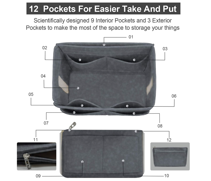 12 Pockets Insert Organizer for Bags - Grey - Zoom Image 2