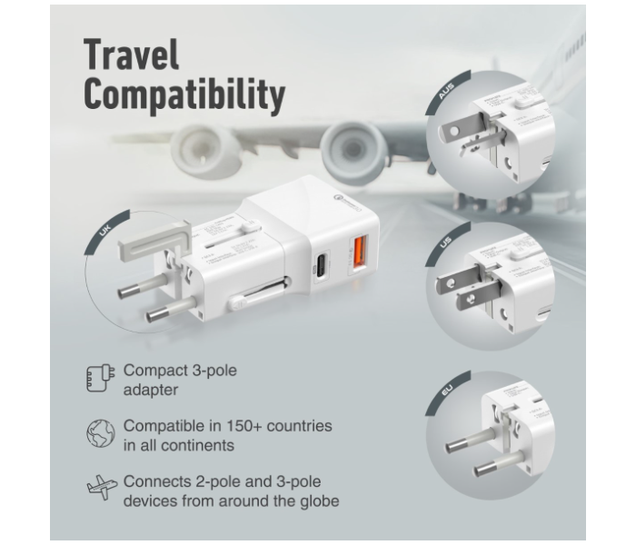 Promate 20Watts International Travel Adapter with Type-C - White - Zoom Image 2