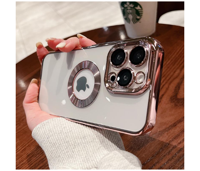 Luxury Transparent Plating Logo Hole Case Glass Camera Protector Cover for iPhone 12 - Rose Gold - Zoom Image