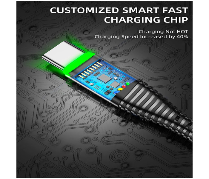 GTC 22000955 Type C 1Meter Universal Green Lighting Fast Charging And Data Transfer 3A Cable - Black - Zoom Image 6