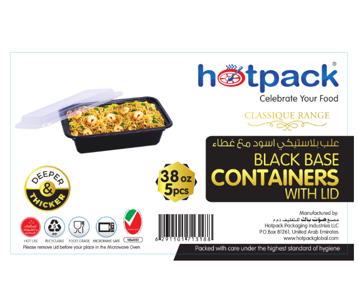 Hotpack HSMBBRE38 Set of 5 Pieces 38 Oz Black Base Rectangular Container With Lids - Zoom Image 6