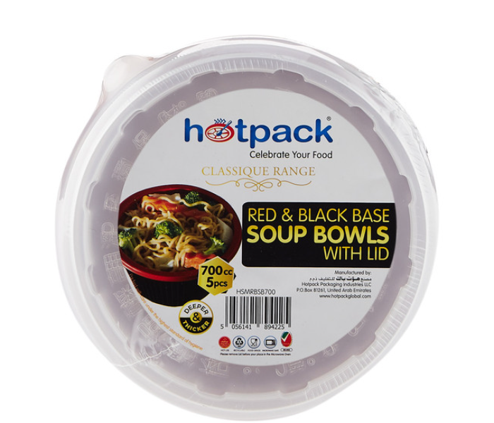 Hotpack HSMRBSB700 Set of 5 Pieces 700 ml Red and Black Base Soup Bowls With Lids - Zoom Image 1