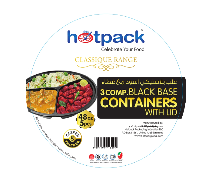 Hotpack HSMBBRO483C Set of 5 Pieces 48 Oz 3 Compartment  Black Base Container With Lids - Zoom Image 7