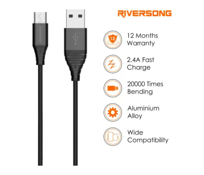 Riversong CM32 USB Cable 2.4 A 1 meter Mobile Charger Alpha S Cable - Black - Zoom Image 2