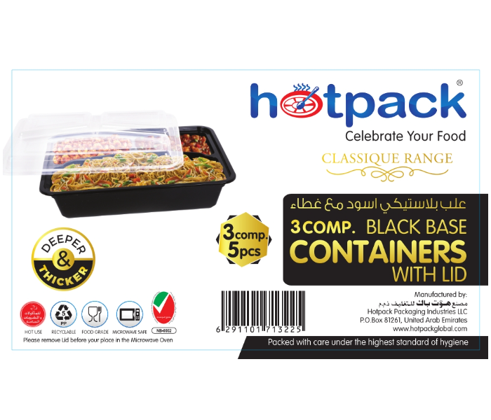 Hotpack HSMBBMC3C Set of 5 Pieces 3 Compartment Black Base Container With Lid - Zoom Image 6