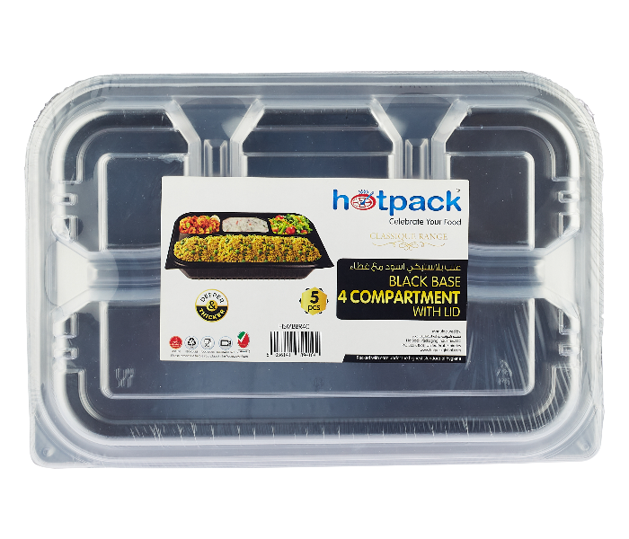 Hotpack HSMBBR4C Set of 5 Pieces Black Base 4 Compartment Container With Lid - Zoom Image 1