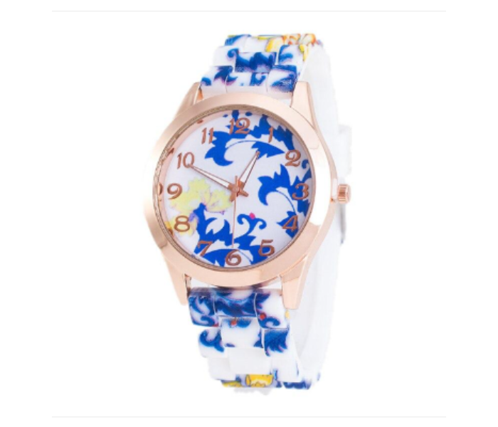 Floral Dial Silicone Band Analog Watches for Women - White and Blue  - Zoom Image