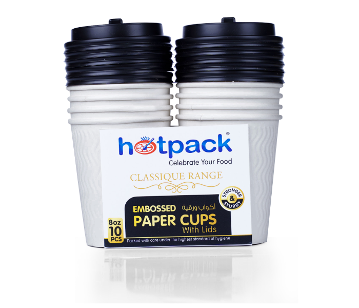 Hotpack HSMEPC8C Set of 50 Pieces 8 Oz White Embossed Paper Cups with Lid - Zoom Image