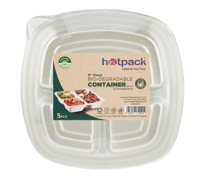 Hotpack HSMBD3CBC Set of 5 Pieces 9 Inch Deep Bio-Degradable 3 Compartment Container With Lid - Zoom Image 1