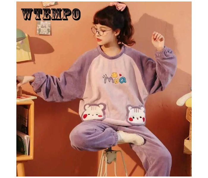 Setof 2 Femme Cartoon Printed Furry Plush Winter Warm Velvet Pajamas Set for Women - Free size assorted colors - Zoom Image 1