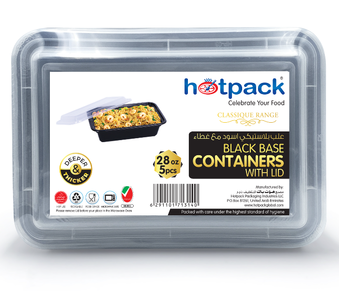 Hotpack HSMBBRE28 Set of 5 Pieces 28 Oz Black Base Rectangular Container With Lids - Zoom Image 1