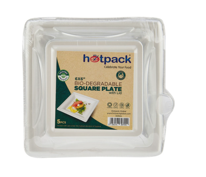 Hotpack HSMBDSP6X6L Set of 5 Pieces Biodegradable Square Plate With Lid - Zoom Image 1