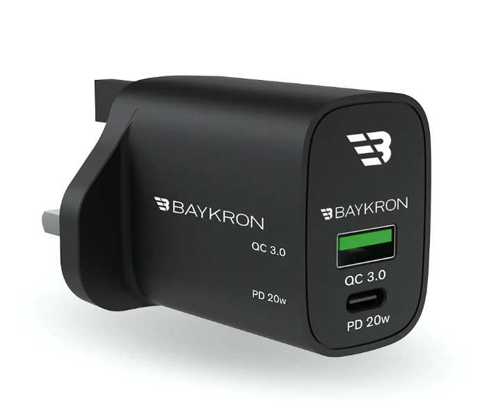 Baykron BKR-SL-WC-PDQC-UK 36W Fast Charging Dual Port Wall Charger With Type-C Uk - Black - Zoom Image 1