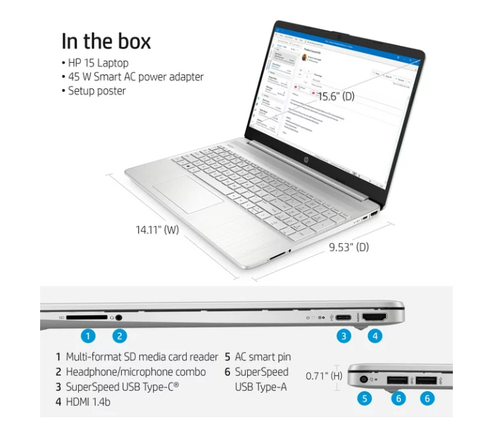 HP 6M0Z7UA 15.6 Inch FHD Intel Core i5-1135G7 Processor 8GB RAM 256GB SSD Intel Iris X Graphics Windows 11 Home - Silver - Zoom Image 5