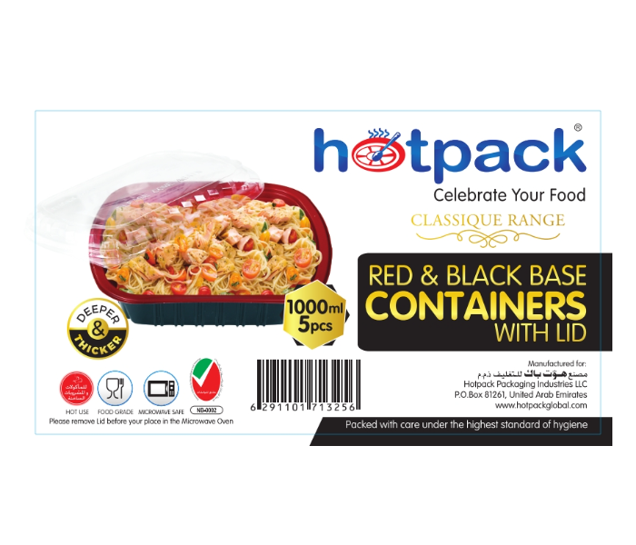 Hotpack HSMRB1000 Set of 5 Pieces 1000 ml Red and Black Base Container With Lids - Zoom Image 5