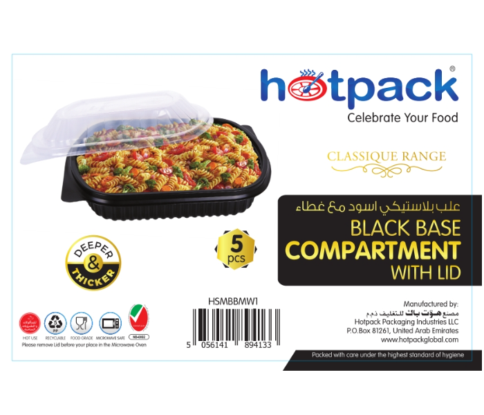 Hotpack HSMBBMW1 Set of 5 Pieces Black Base Compartment Container with Lid - Zoom Image 4