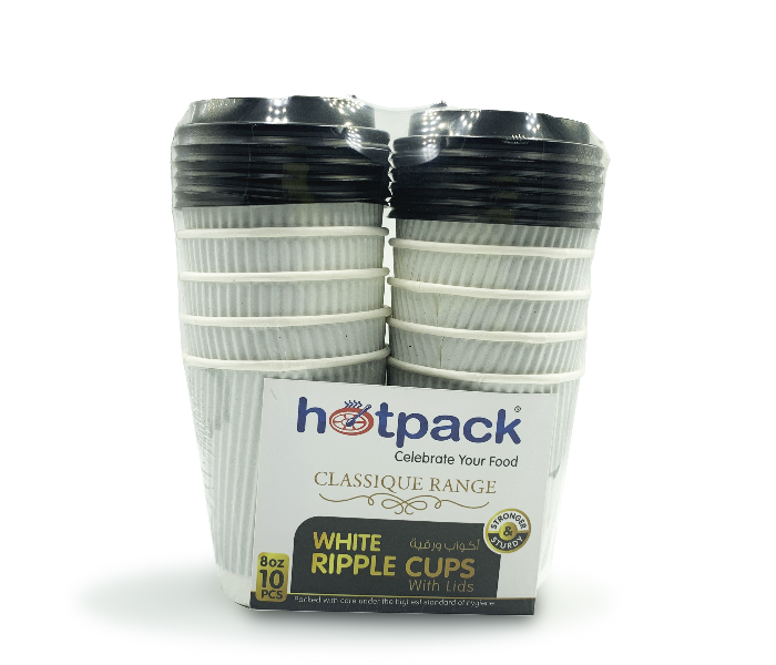 Hotpack HSMPCRW8W Set of 10 Pieces 8 Ounce Ripple Paper Cup White With Black Lid - Zoom Image