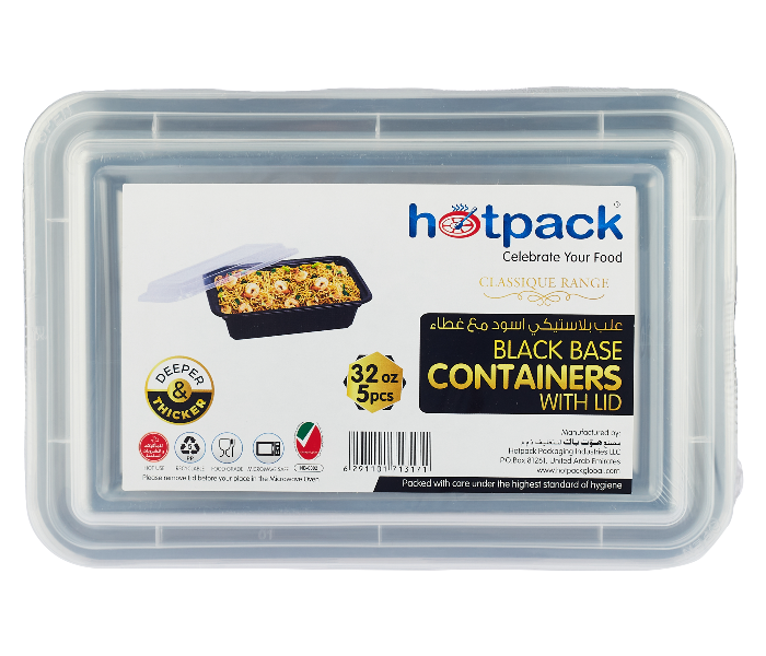 Hotpack HSMBBRE32 Set of 5 Pieces 32 Oz Black Base Rectangular Container With Lids - Zoom Image 1