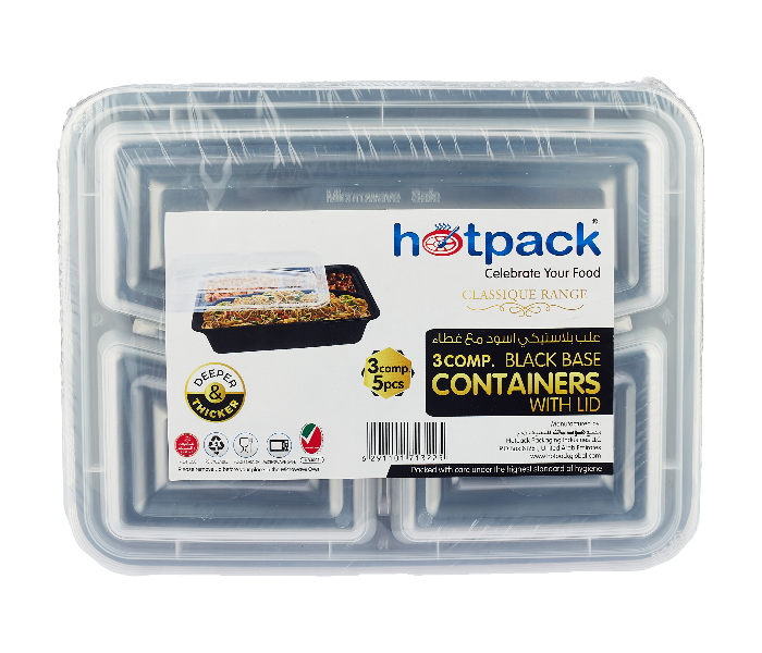 Hotpack HSMBBMC3C Set of 5 Pieces 3 Compartment Black Base Container With Lid - Zoom Image 1