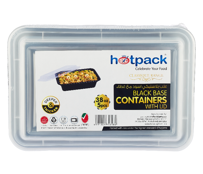 Hotpack HSMBBRE38 Set of 5 Pieces 38 Oz Black Base Rectangular Container With Lids - Zoom Image 1