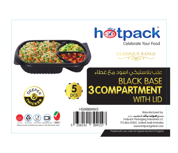 Hotpack HSMBBMW3 Set of 5 Pieces Black Base 3 Compartment Container with Lid - Zoom Image 5