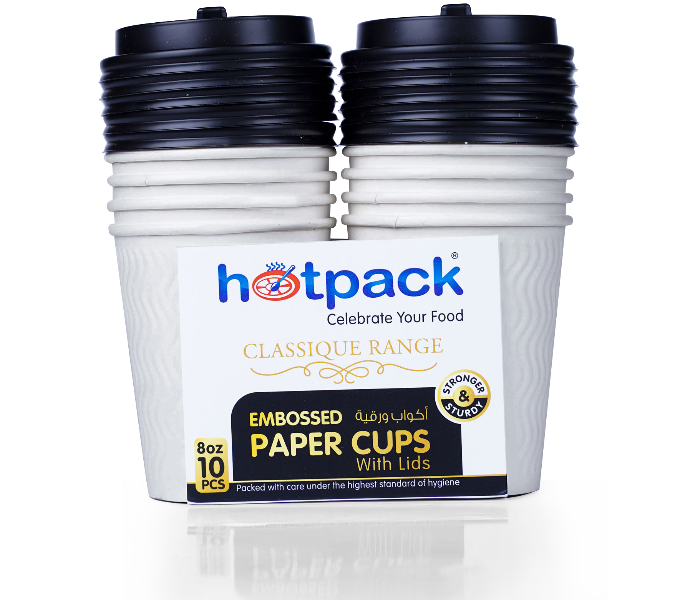 Hotpack HSMEPC8C Set of 10 Pieces 8 Oz White Embossed Paper Cups with Lid - Zoom Image