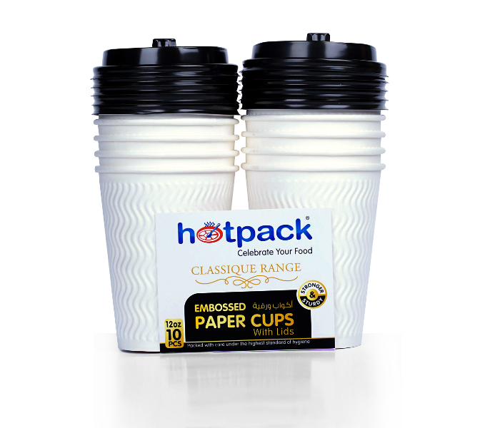 Hotpack HSMEPC12C Set of 10 Pieces 12 Oz White Embossed Paper Cups with Lid - Zoom Image