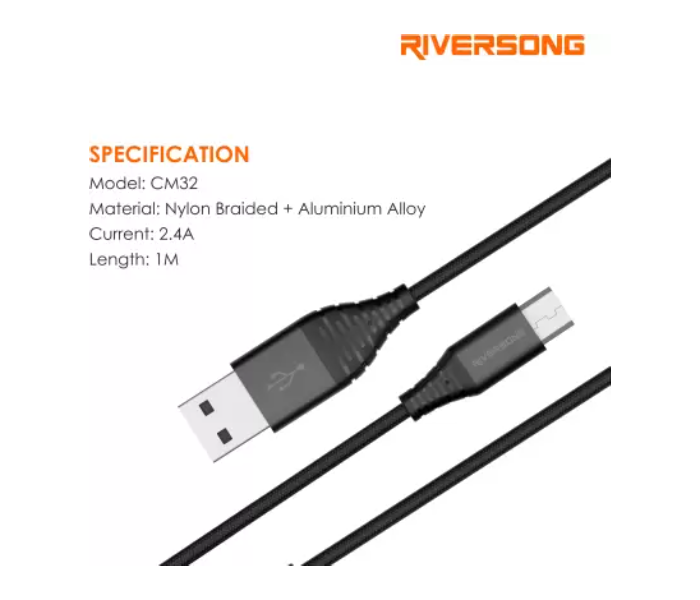 Riversong CM32 USB Cable 2.4 A 1 meter Mobile Charger Alpha S Cable - Black - Zoom Image 4